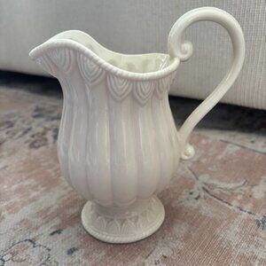 I. Godinger Vintage Cream Ceramic pitcher Ornate Scroll Handle-Scalloped Rim